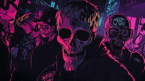 Neon skull crew strolls through a glowing cyberpunk night