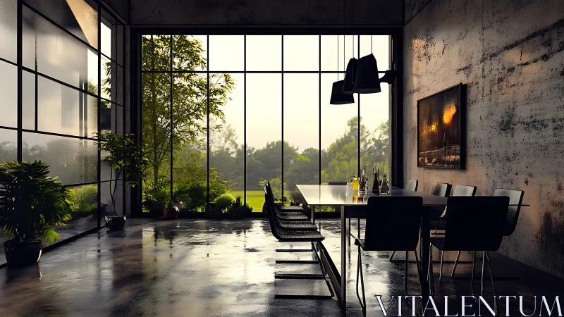 Industrial glass-walled dining space with reflective concrete floor