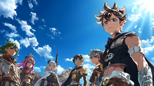 Group of armored youths under expansive blue sky scene.