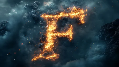 Fiery geometric form blazes against stormy dark sky.