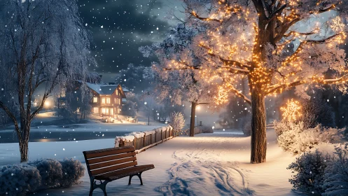 Snowy park path with lit winter tree and distant house.