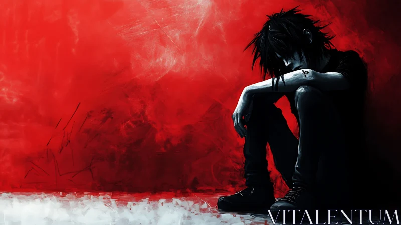 Brooding ink‑pale loner against a storm‑red silence wall.