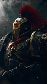 Gothic sci‑fi paladin in baroque gold armor, stormlit haze.