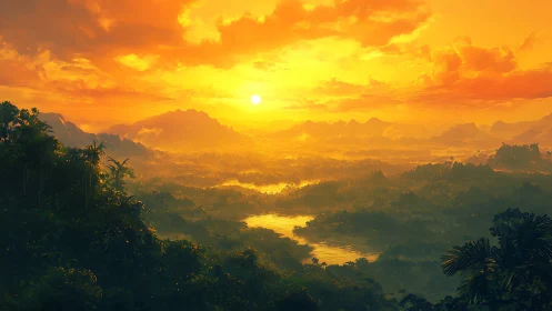 Sun-drenched jungle rivers under molten gold horizons.