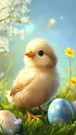 High-fidelity springtime chick render with decorative eggs.