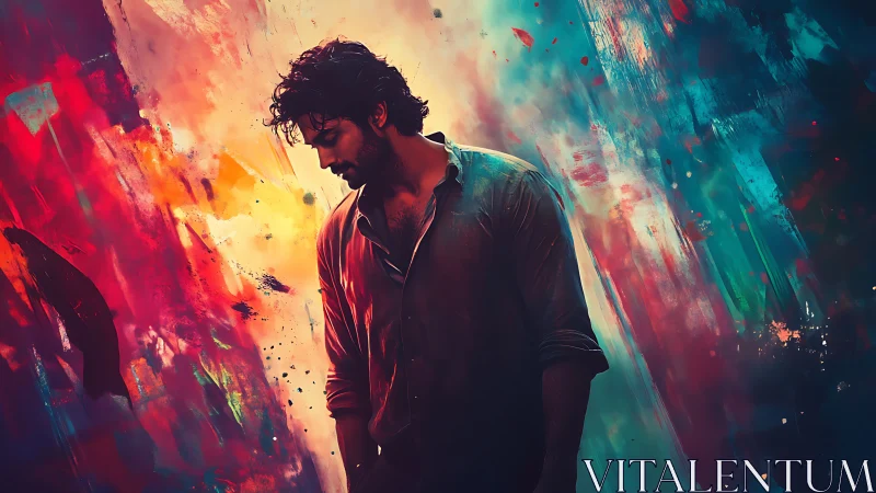 Solitary figure against vivid abstract color field.