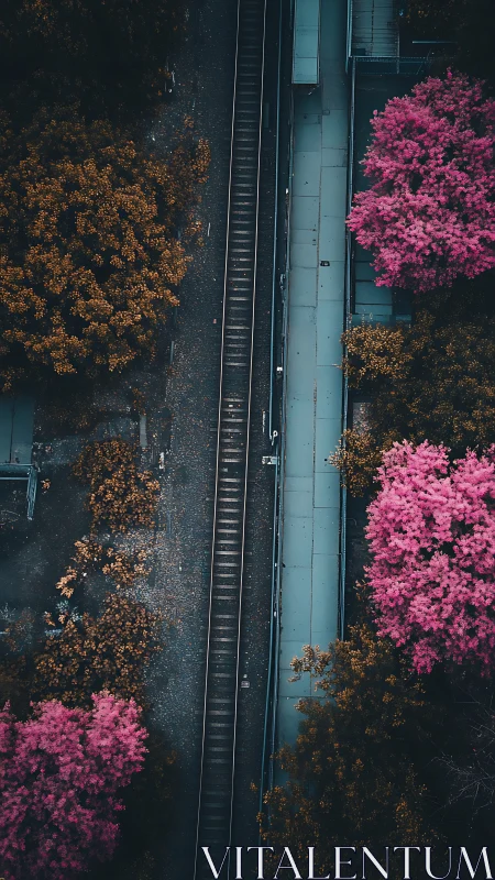 Railway vein slices through neon blossom and rusted foliage.