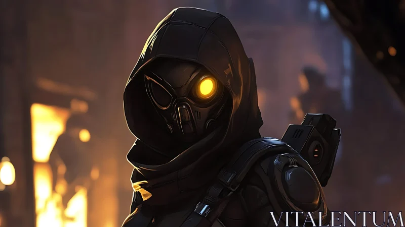 Hooded sci fi scout pauses in a glowing city alleyway at dusk