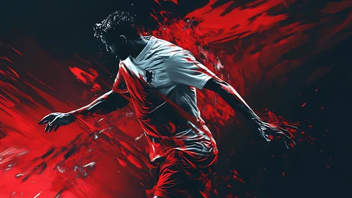 Soccer player runs forward through red abstract digital streaks