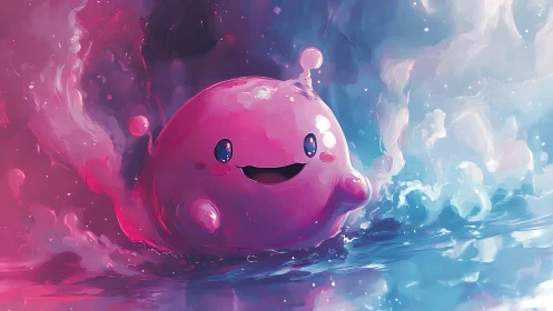 Pink slime creature in vibrant blue and magenta water scene.