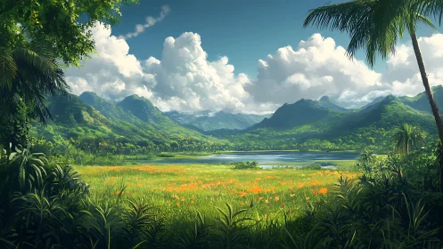 Clouds drift lazily above a sunlit tropical valley lake