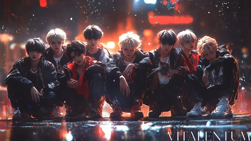 Group of nine youths in stylized night city environment.