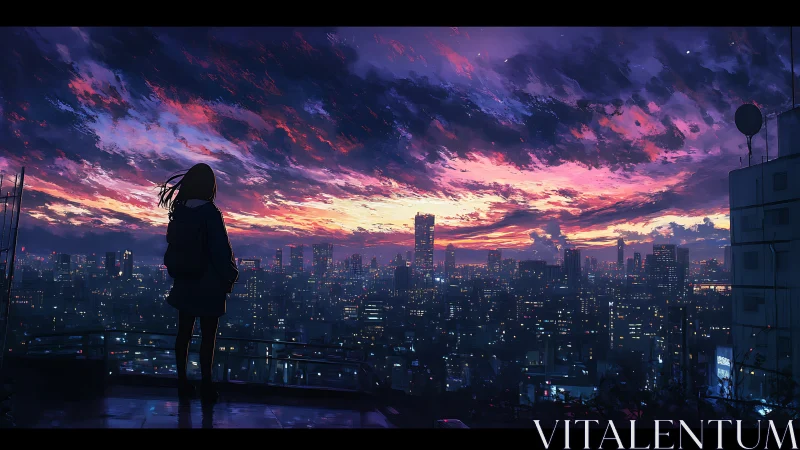 Solitary rooftop observer over emissive nocturnal skyline.