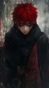 Red-haired wanderer studies shadowed city in rain-soaked dusk.