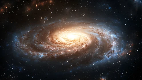 Bright spiral galaxy core glows among dense star field.