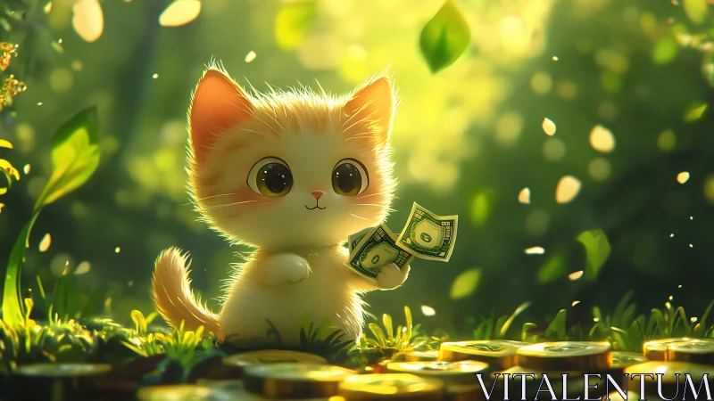 Sunny forest kitten counting its tiny treasure with joy.