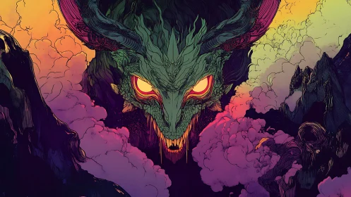 Volcanic chasm dragon apparition with chromatic smoke plumes.