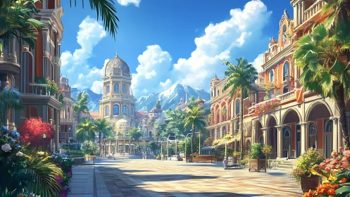 Mediterranean boulevard with lush gardens and alpine backdrop.