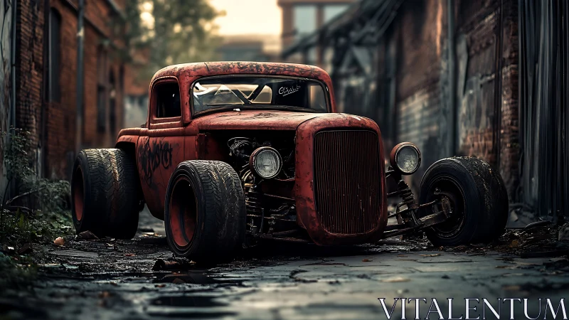 Rustborn hot rod waits in a rain-slick forgotten alleyway.