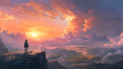 Backlit adventurer surveying volumetric dawn over valleyscape.