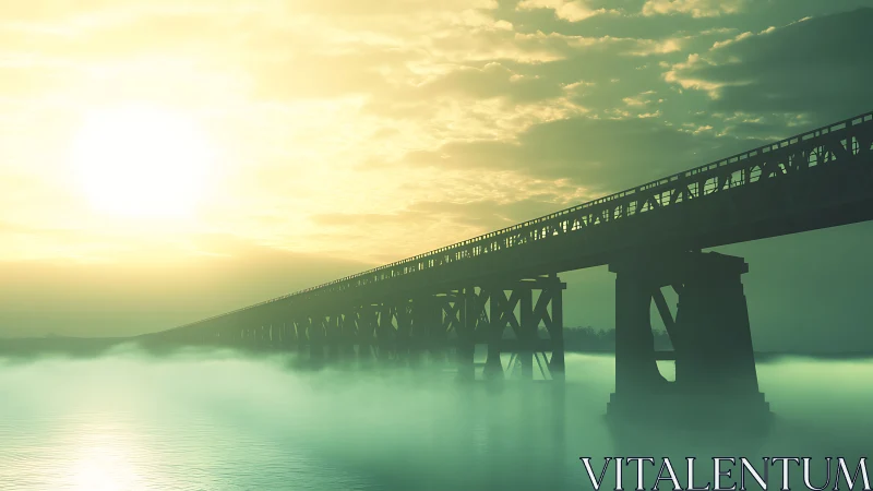 Sunlit steel bridge spanning misty emerald river at dawn.