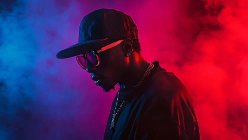 Neon bi-color portrait in cinematic rim-lit studio haze.