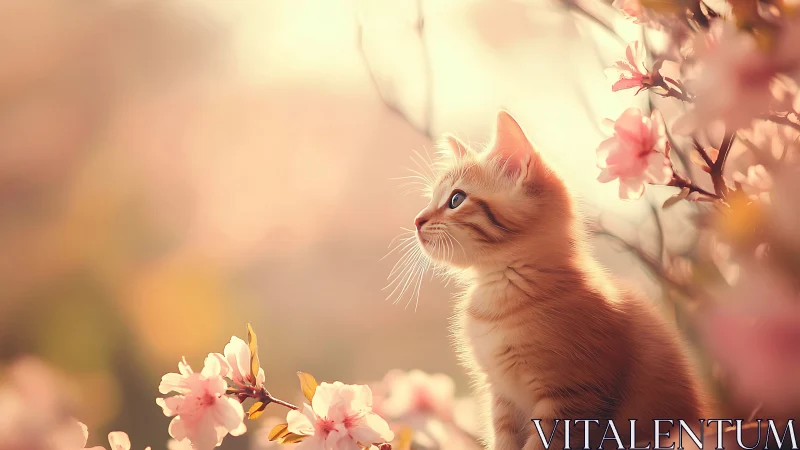 Ginger Kitten Among Pink Spring Blossoms.
