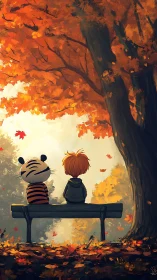 Child and tiger friend share quiet bench under autumn canopy.