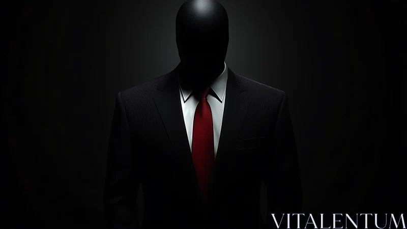 Faceless suited figure stands in low key directional lighting