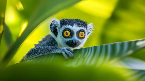 Curious lemur peeks through glowing jungle leaves with wonder.