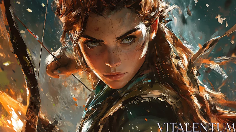 Female archer portrait in dynamic digital brushwork style.