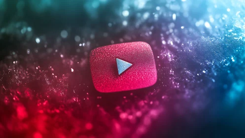 YouTube style play icon on wet neon textured surface.
