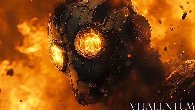 Armored android head burns within turbulent molten firestorm