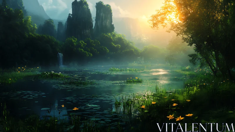 Lush mountain lake at sunrise with mist and wildflowers.