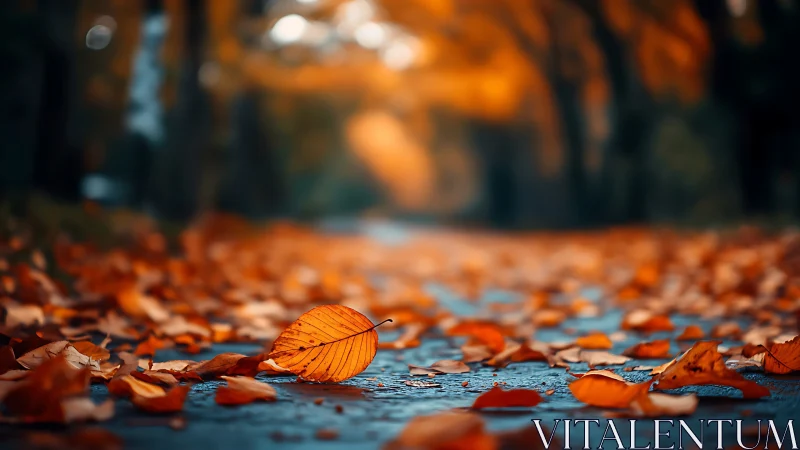 Shallow-focus autumn leaf on path in warm bokeh field.