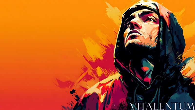 Hooded portrait in neon brush strokes against orange field.