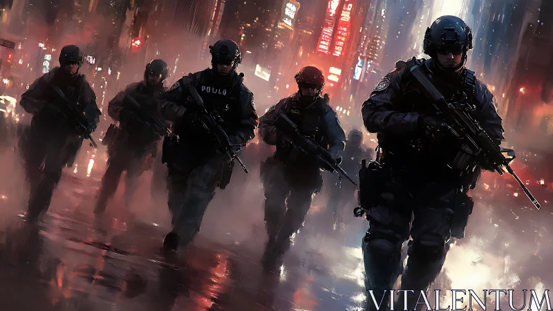 Tactical police squad advances through neon city rainstorm.
