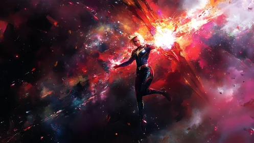 Cosmic powered figure in vibrant nebula energy field.