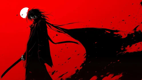 Silhouetted swordsman stands before flat red abstract field