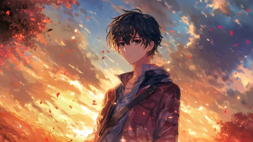 Sunset-lit anime boy beneath blazing autumn skyscape.
