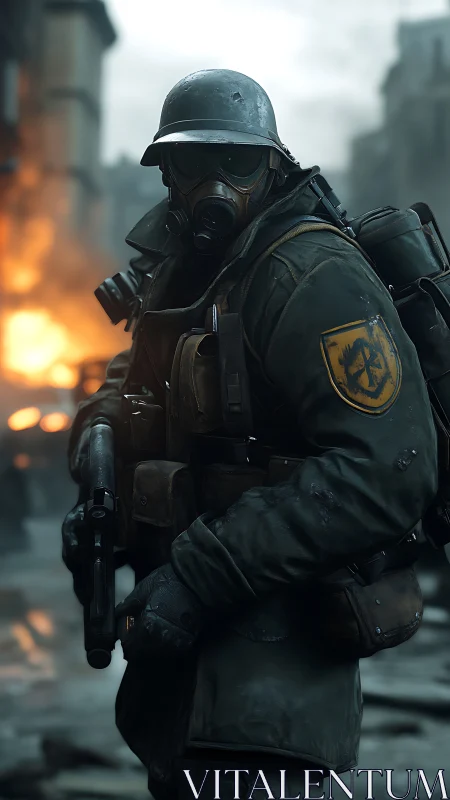 Gas-masked urban sentinel stalks through burning war-torn streets.