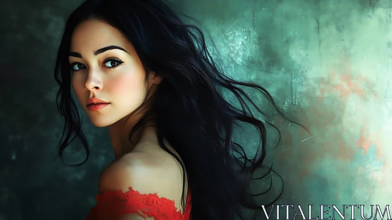 Digital painting portrait with teal bokeh background and motion hair.