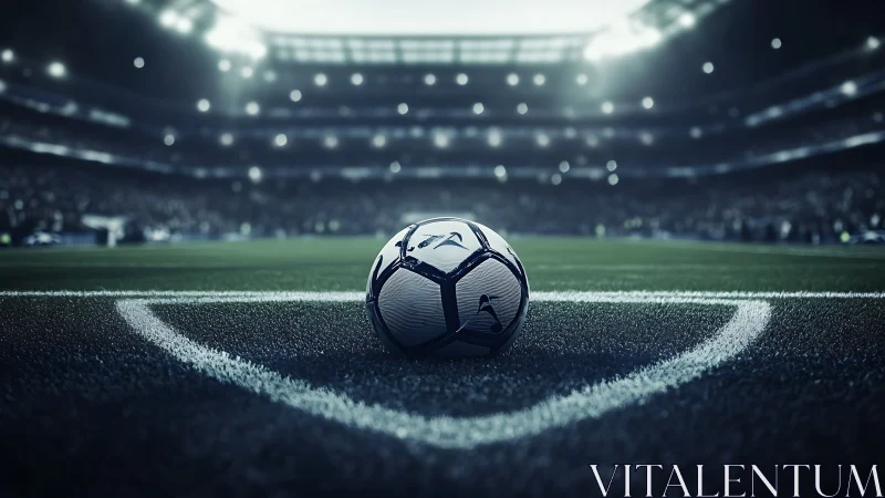Stadium lights glow as a lone soccer ball awaits kickoff