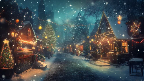 Snow-dusted Christmas lane glowing with cozy winter magic.
