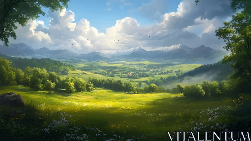 Sunlit valley meadow opens toward misty distant mountains