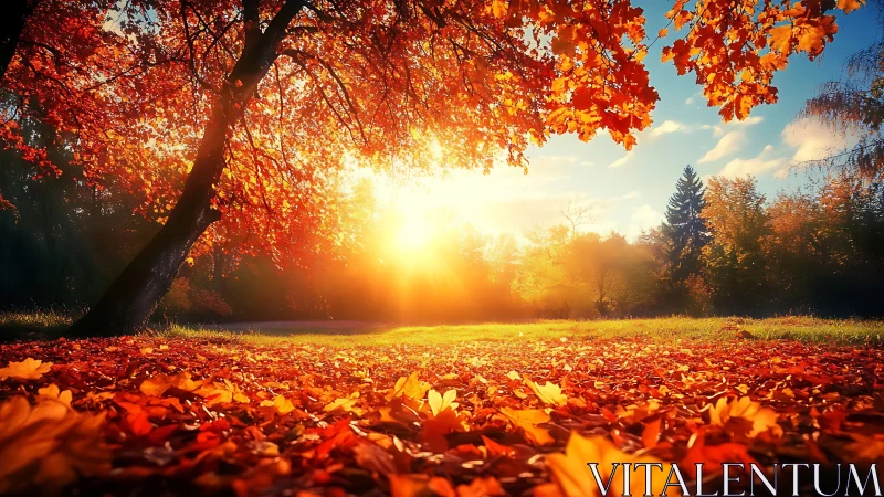 Low-angle view shows sunlit autumn foliage in open parkland
