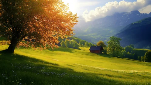 Sunlit alpine meadow with lone cabin and backlit maple tree