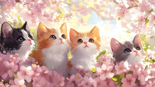 Four kittens sit among blooming pink flowers in soft natural light.