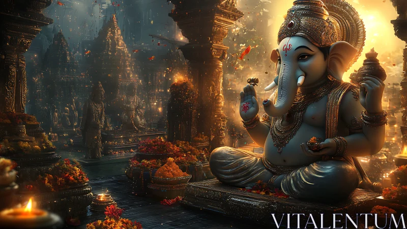 Golden Ganesha idol in ornate temple with glowing offerings.