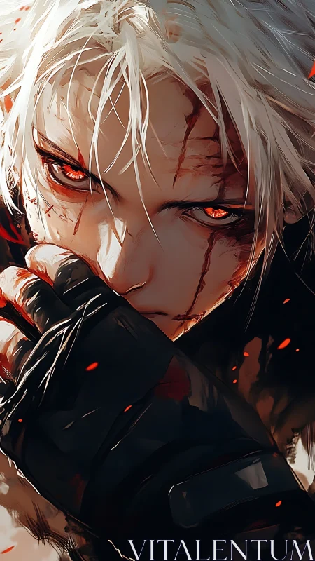 Fierce white haired warrior with ember bright eyes glowering.